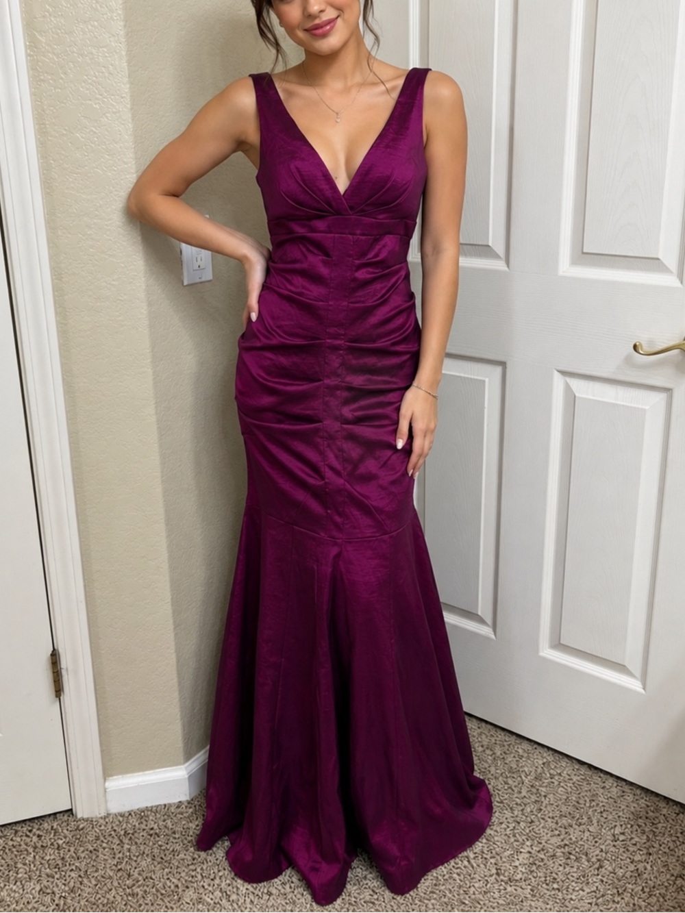 Xscape Vintage 90’s Ruched V-Neck Mermaid Gown in Plum size 12